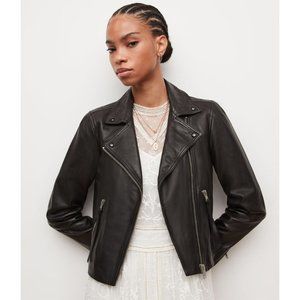 EUC All Saints Dalby Biker Leather Jacket Full Zipper Notch Lapel Black Silver